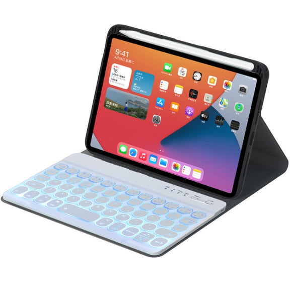 HY006D Round Keys Detachable Bluetooth Keyboard Leather Tablet Case with Colorful Backlight & Holder for iPad mini 6(Black)
