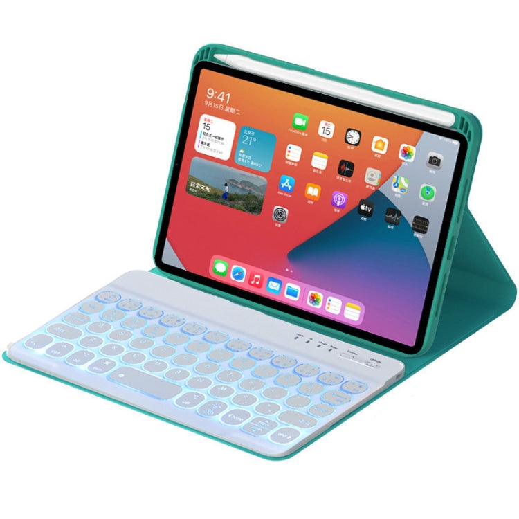HY006D Round Keys Detachable Bluetooth Keyboard Leather Tablet Case with Colorful Backlight & Holder for iPad mini 6(Dark Green)