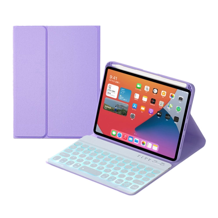 HY006D Round Keys Detachable Bluetooth Keyboard Leather Tablet Case with Colorful Backlight & Holder for iPad mini 6(Light Purple)