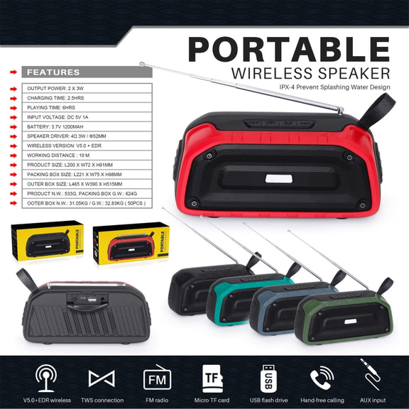New Rixing NR-906FM TWS Water-resistant Bluetooth Speaker Support Hands-free Call / FM with Handle & Antenna(Army Green)