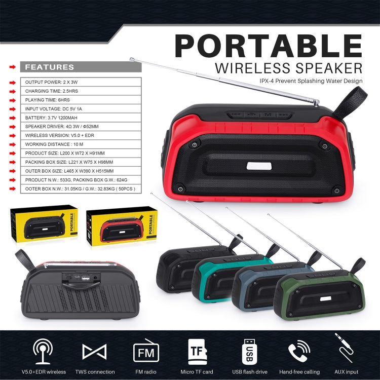 New Rixing NR-906FM TWS Water-resistant Bluetooth Speaker Support Hands-free Call / FM with Handle & Antenna(Army Green)