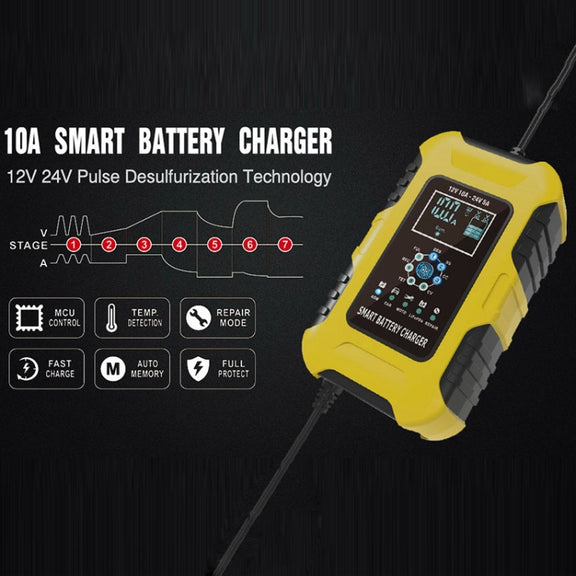FOXSUR 10A 12V 7-segment Motorcycle / Car Smart Battery Charger, Plug Type:EU Plug(Yellow)