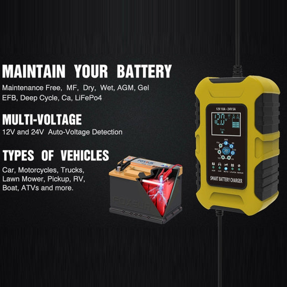 FOXSUR 10A 12V 7-segment Motorcycle / Car Smart Battery Charger, Plug Type:EU Plug(Yellow)