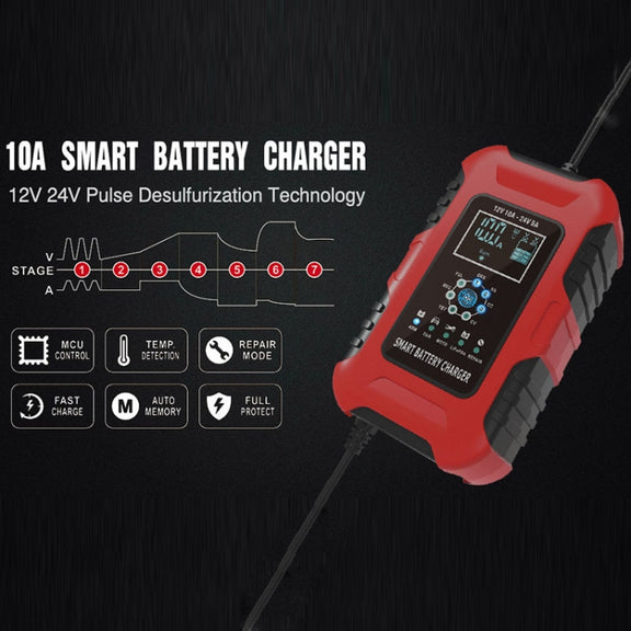 FOXSUR 10A 12V 7-segment Motorcycle / Car Smart Battery Charger, Plug Type:UK Plug(Red)