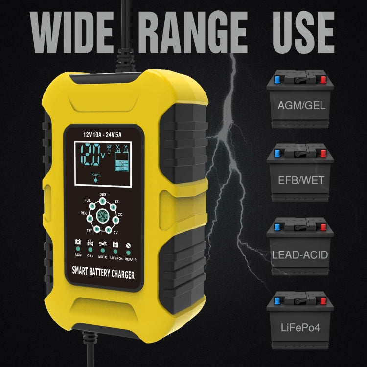 FOXSUR 10A 12V 7-segment Motorcycle / Car Smart Battery Charger, Plug Type:US Plug(Yellow)