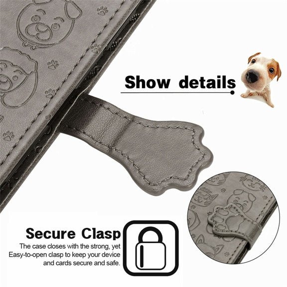 For Blackview A100 Lovely Cat and Dog Embossing Pattern Horizontal Flip Leather Case , with Holder & Card Slots & Wallet & Cartoon Clasp & Lanyard(Grey)