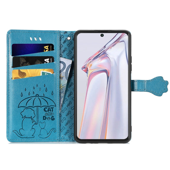 For Blackview A100 Lovely Cat and Dog Embossing Pattern Horizontal Flip Leather Case , with Holder & Card Slots & Wallet & Cartoon Clasp & Lanyard(Blue)