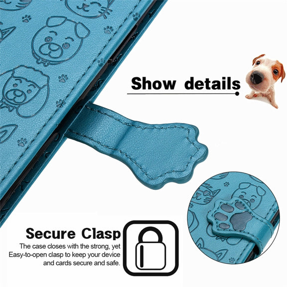 For Blackview A100 Lovely Cat and Dog Embossing Pattern Horizontal Flip Leather Case , with Holder & Card Slots & Wallet & Cartoon Clasp & Lanyard(Blue)