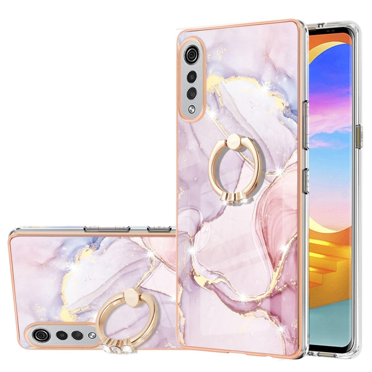 For LG Velvet 4G & 5G / G9 Velvet Electroplating Marble Pattern IMD TPU Shockproof Case with Ring Holder(Rose Gold 005)