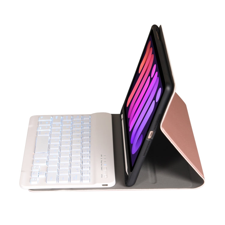 A06BS Ultra-thin Backlight Bluetooth Keyboard Leather Tablet Case with Holder & Pen Slot For iPad mini 6 / mini 7(Rose Gold)