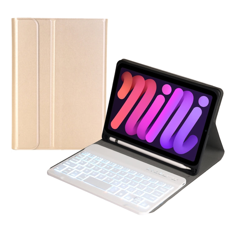 A06BS Ultra-thin Backlight Bluetooth Keyboard Leather Tablet Case with Holder & Pen Slot For iPad mini 6 / mini 7(Gold)
