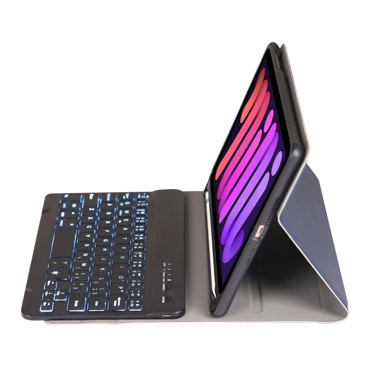 A06BS Ultra-thin Backlight Bluetooth Keyboard Leather Tablet Case with Holder & Pen Slot For iPad mini 6 / mini 7(Dark Blue)