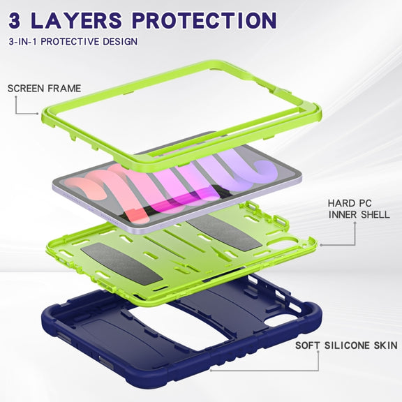 For iPad mini 6 3-Layer Protection Screen Frame + PC + Silicone Shockproof Combination Tablet Case with Holder(NavyBlue+Lime)