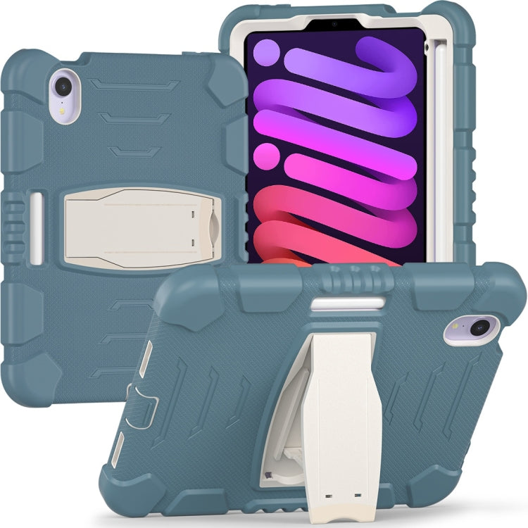 For iPad mini 6 / mini 2024 Tri-Layer Protection Screen Frame Heavy Duty PC Hybrid Silicone Case with Holder(Blue+Lime)