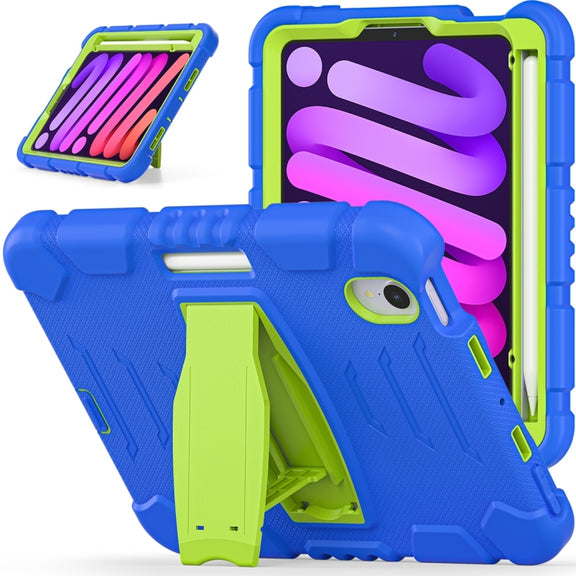 For iPad mini 6 / mini 2024 Tri-Layer Protection Screen Frame Heavy Duty PC Hybrid Silicone Case with Holder(Blue+Lime)