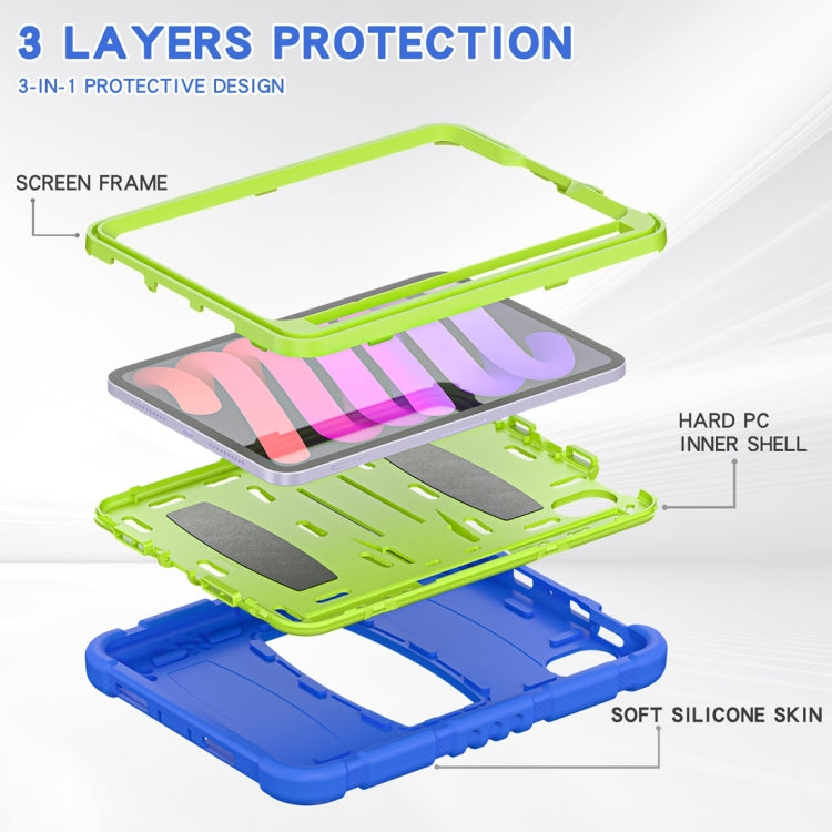 For iPad mini 6 / mini 2024 Tri-Layer Protection Screen Frame Heavy Duty PC Hybrid Silicone Case with Holder(Blue+Lime)