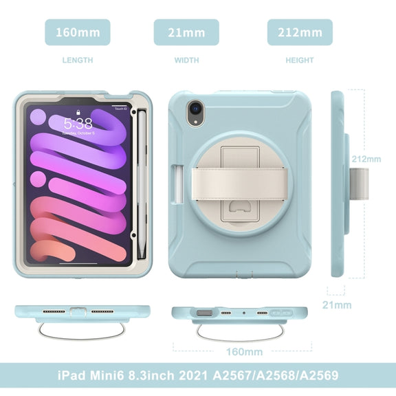 For iPad mini 6 360 Degree Rotation PC + TPU Protective Tablet Case with Holder & Hand-strap(Ice Blue)