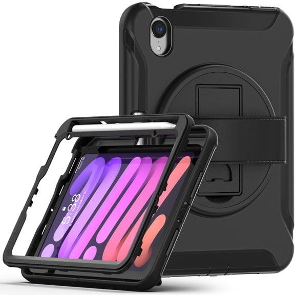 For iPad mini 6 / mini 2024 360 Degree Rotation PC + TPU Protective Tablet Case with Holder & Hand-strap(Black)