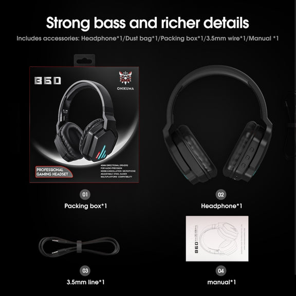 ONIKUMA B60 Bluetooth 5.0 Adjustable Strong Bass Gaming Wireless Bluetooth Headset with Microphone(Black)