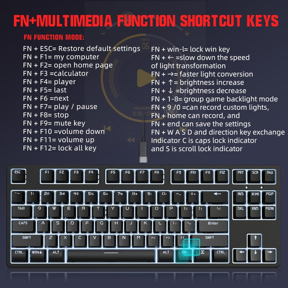 HXSJ L600 87 Keys USB-C / Type-C Wired Red Shaft Mechanical Keyboard with Cool Backlight(Black)