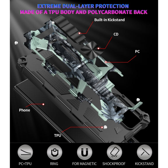 For Samsung Galaxy S22 Ultra 5G Camouflage Armor Shockproof TPU + PC Magnetic Protective Phone Case with Holder(Mint Green)