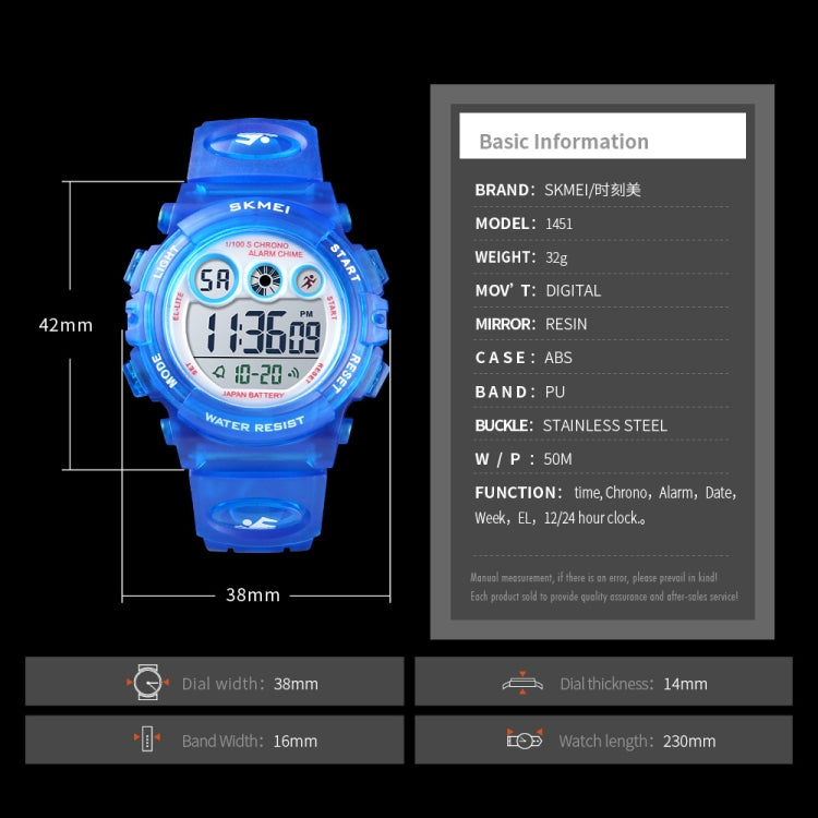 SKMEI 1451 LED Digital Stopwatch Chronograph Luminous Children Sports Electronic Watch(Yellow Shell Blue Circle)