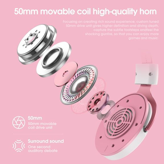 ONIKUMA X10 Car Ear LED Light Adjustable Gaming Headset with Microphone(White Pink)