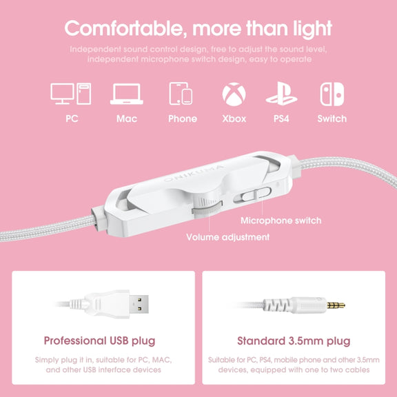 ONIKUMA X10 Car Ear LED Light Adjustable Gaming Headset with Microphone(White Pink)