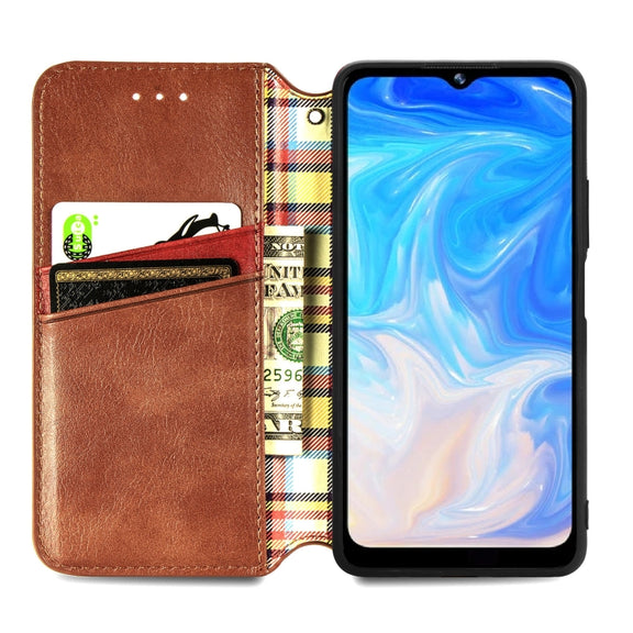 For Doogee N40 Pro Cubic Grid Pressed Horizontal Flip Magnetic Leather Case with Holder & Card Slots & Wallet(Brown)