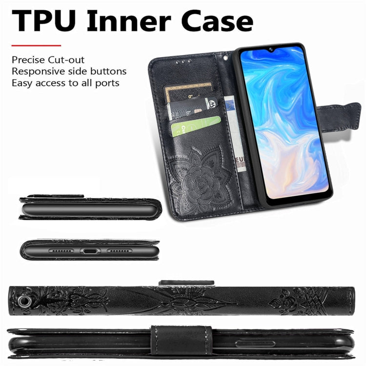 For DOOGEE N40 Pro Butterfly Love Flowers Embossed Horizontal Flip Leather Case with Holder & Card Slots & Wallet & Lanyard(Black)