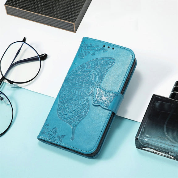 For DOOGEE N40 Pro Butterfly Love Flowers Embossed Horizontal Flip Leather Case with Holder & Card Slots & Wallet & Lanyard(Blue)