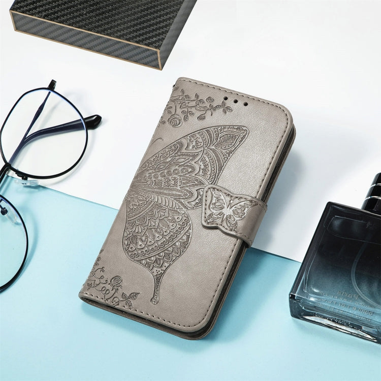 For DOOGEE N40 Pro Butterfly Love Flowers Embossed Horizontal Flip Leather Case with Holder & Card Slots & Wallet & Lanyard(Grey)