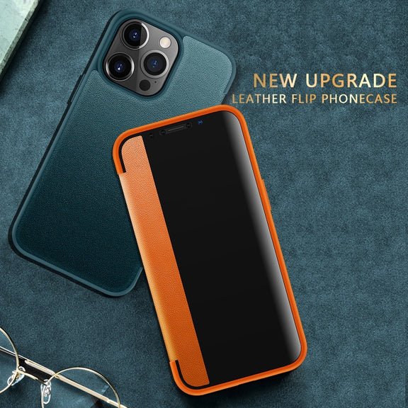 For iPhone 13 Pro Max Magnetic Side Window View Shockproof Horizontal Flip Leather Case (Orange)