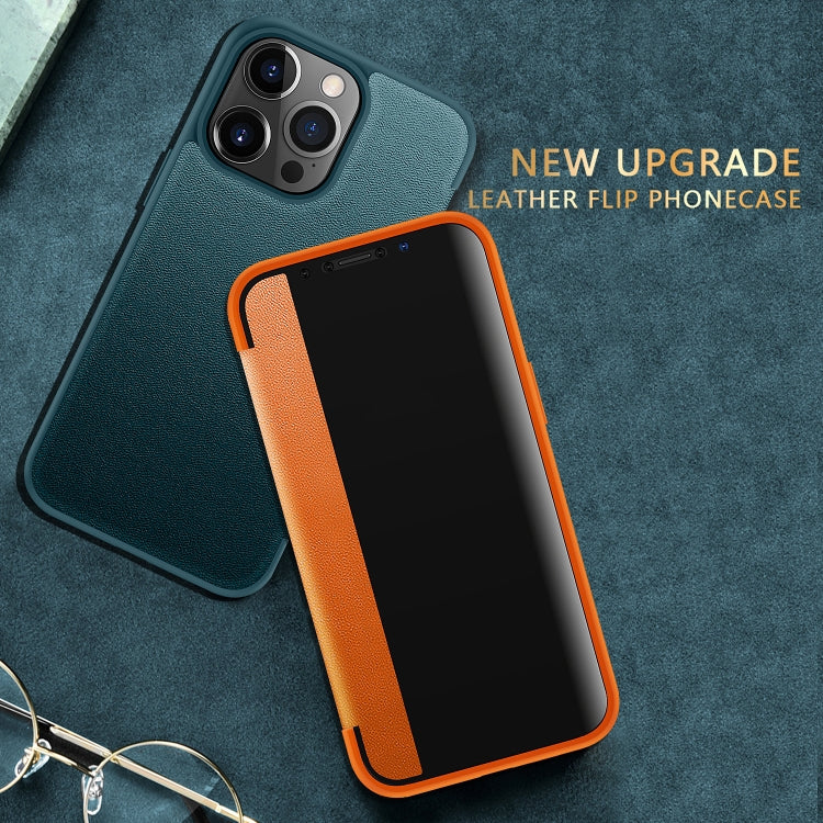 For iPhone 13 Pro Max Magnetic Side Window View Shockproof Horizontal Flip Leather Case (Orange)