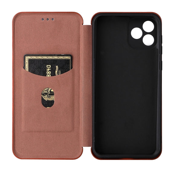 For Blackview Oscal C20 Carbon Fiber Texture Horizontal Flip Leather Phone Case with Card Slot(Brown)