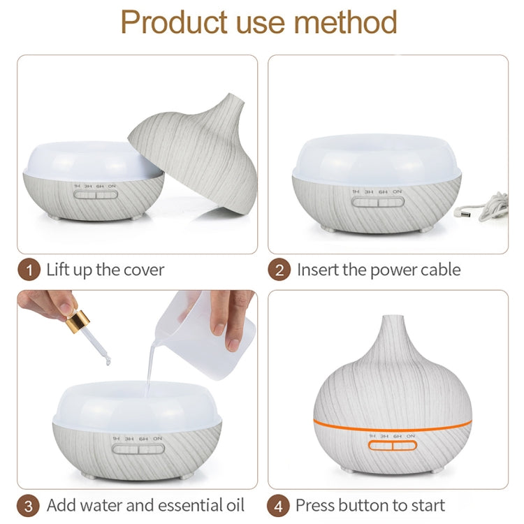 USB 400ml Wood Texture Fragrance Machine Pointed Mouth Humidifier Automatic Alcohol Sprayer with Colorful LED Light(White)