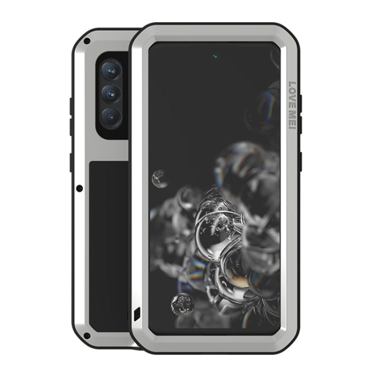 For Samsung Galaxy S21 FE LOVE MEI Metal Shockproof Water-resistant Dustproof Protective Phone Case with Glass(Silver)