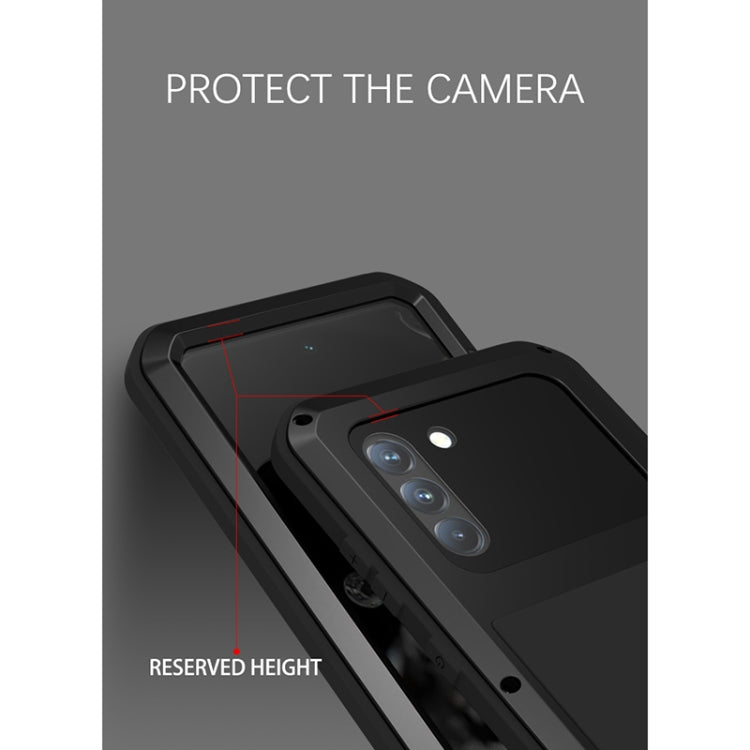 For Samsung Galaxy S21 FE LOVE MEI Metal Shockproof Water-resistant Dustproof Protective Phone Case with Glass(Silver)