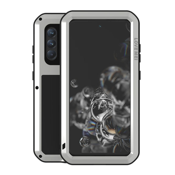 For Samsung Galaxy S21 FE LOVE MEI Metal Shockproof Water-resistant Dustproof Protective Phone Case with Glass(Silver)