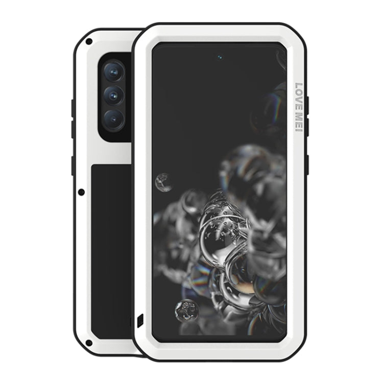 For Samsung Galaxy S21 FE LOVE MEI Metal Shockproof Water-resistant Dustproof Protective Phone Case with Glass(White)
