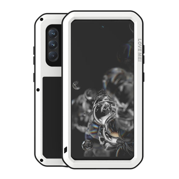 For Samsung Galaxy S21 FE LOVE MEI Metal Shockproof Water-resistant Dustproof Protective Phone Case with Glass(White)