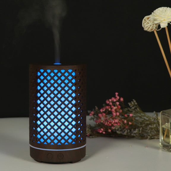 USB 200ml Hollow-out Forest Pattern Wooden Essential Oil Aromatherapy Machine Ultrasonic Humidifier Automatic Alcohol Sprayer(Dark Brown-1)