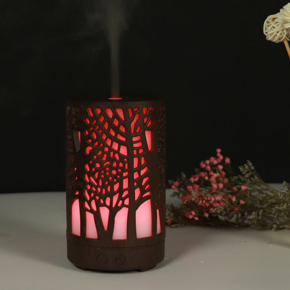 USB 200ml Hollow-out Forest Pattern Wooden Essential Oil Aromatherapy Machine Ultrasonic Humidifier Automatic Alcohol Sprayer(Dark Brown-3)