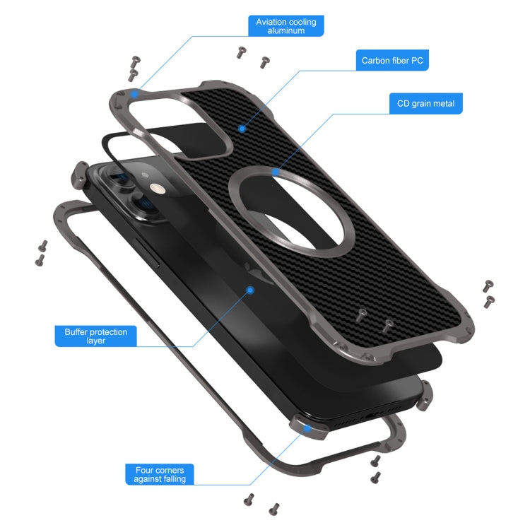 For iPhone 12 Pro Max R-JUST RJ51 Hollow Shockproof Metal Protective Phone Case(Dark Grey)