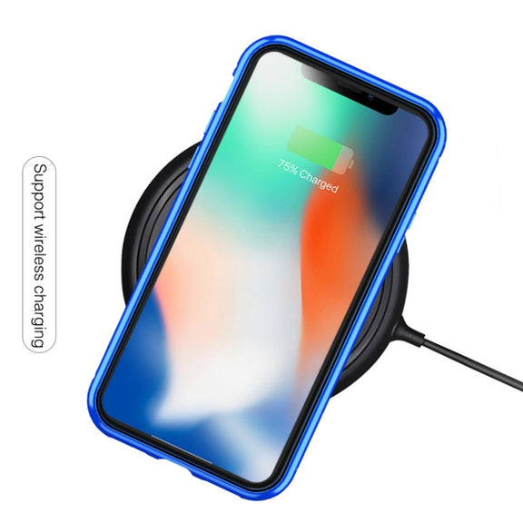 For iPhone XR Ultra Slim Double Sides Magnetic Adsorption Angular Frame Tempered Glass Magnet Flip Case(Black)