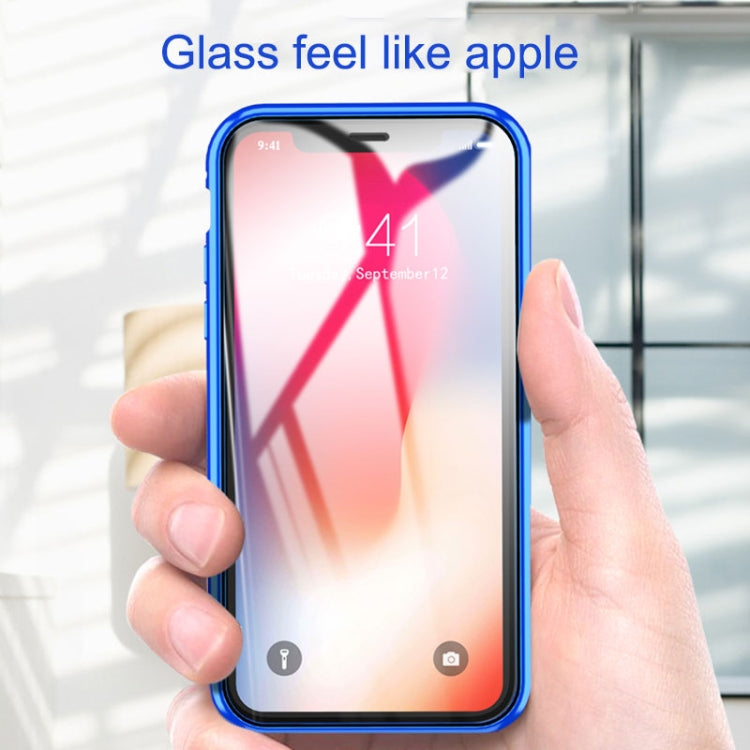 For iPhone XR Ultra Slim Double Sides Magnetic Adsorption Angular Frame Tempered Glass Magnet Flip Case(Black)