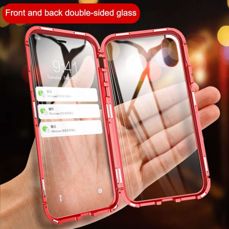 For iPhone XR Ultra Slim Double Sides Magnetic Adsorption Angular Frame Tempered Glass Magnet Flip Case(Black)