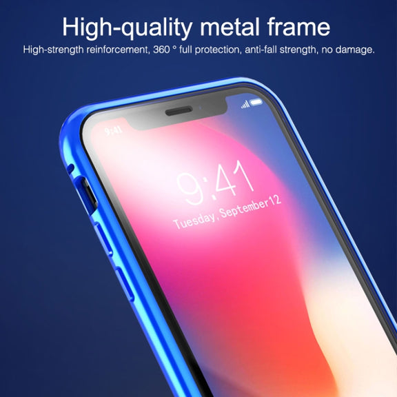 For iPhone XR Ultra Slim Double Sides Magnetic Adsorption Angular Frame Tempered Glass Magnet Flip Case(Black)