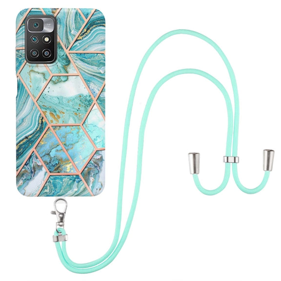 For Xiaomi Redmi 10 Electroplating Splicing Marble TPU Phone Case with Lanyard(Blue)