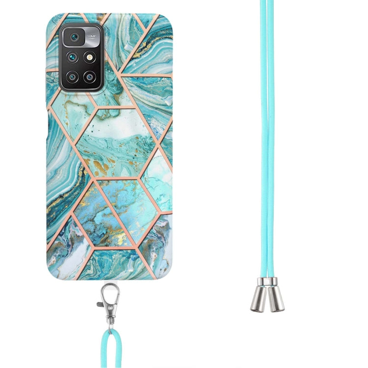 For Xiaomi Redmi 10 Electroplating Splicing Marble TPU Phone Case with Lanyard(Blue)